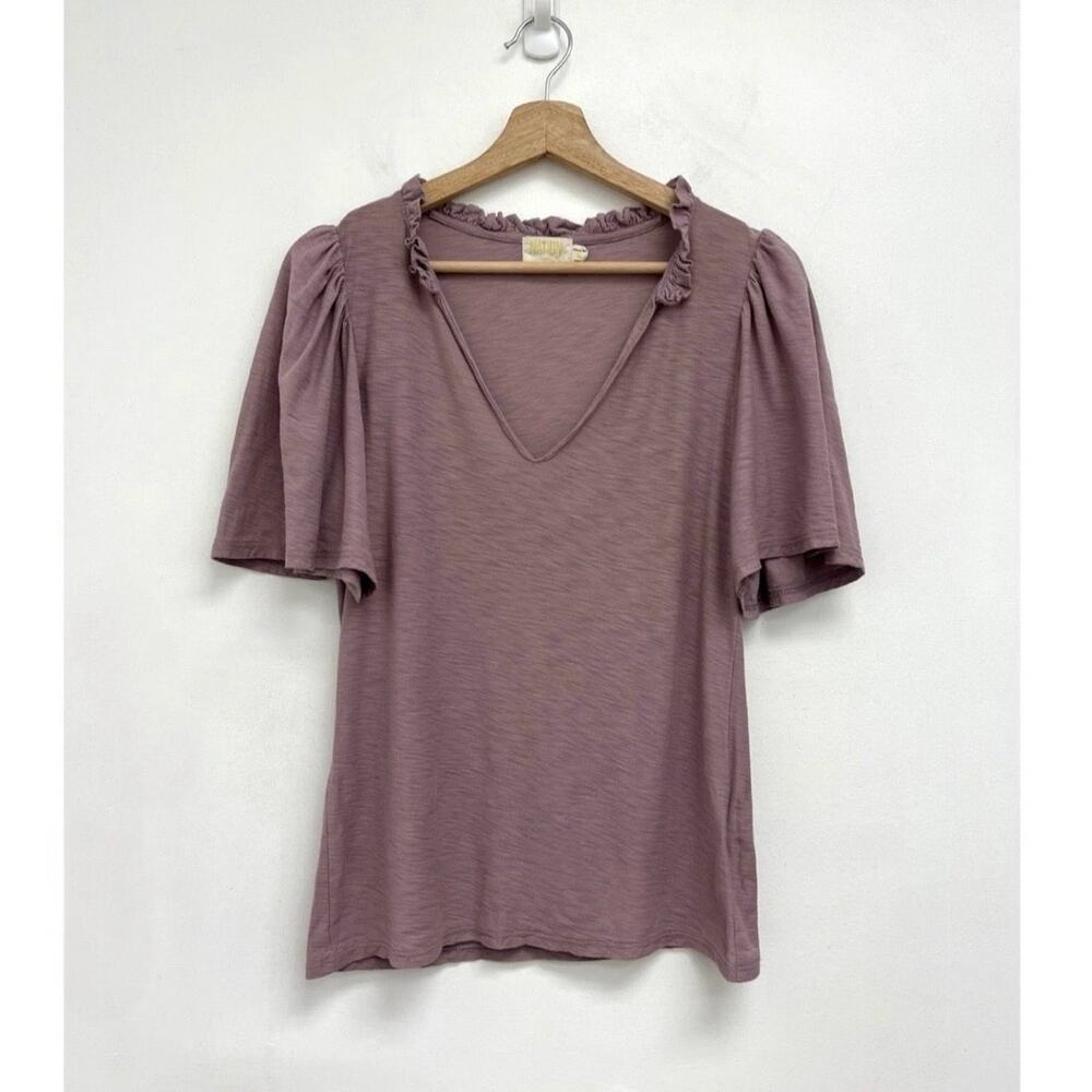 Nation LTD Tierra Flirty Flutter Sleeve V-Neck Short Sleeve Slub Cotton Tee-Med - Picture 2 of 14